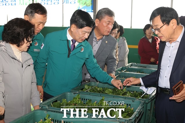 이상근 경남 고성군수가 고성농협 채소공판장 시금치 초매식에 참석, 경매 현장을 둘러보고 있다./고성군