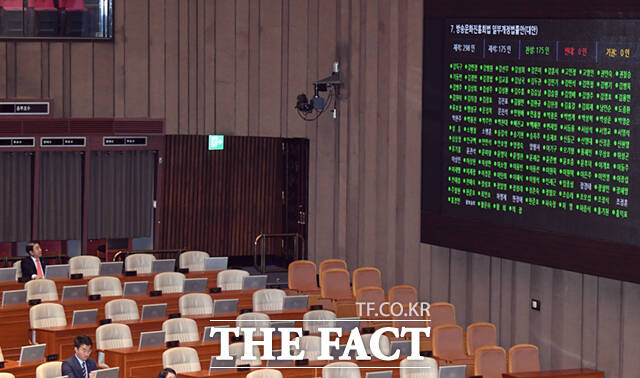 이동관 방송통신위원장(왼쪽)이 9일 오후 서울 여의도 국회에서 열린 본회의에 참석해 방송법 일부개정법률안 표결 결과를 지켜보고 있다.