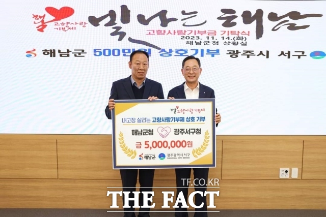 전남 해남군과 광주시 서구는 14일 고향사랑기부제 활성화를 위해 십시일반 모은 고향사랑기부금 500만 원을 상호지역에 기부했다고 20일 밝혔다./해남군