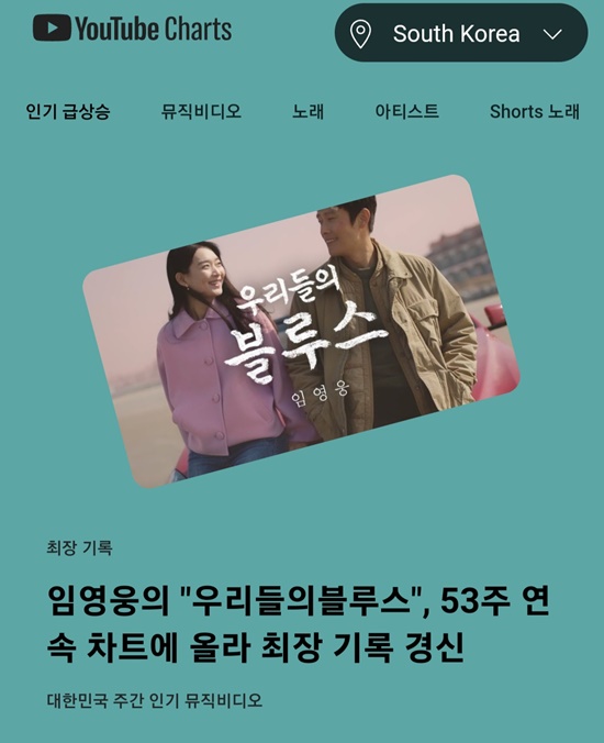자체 최장 차트인 신기록. 임영웅이 부른 드라마 OST 우리들의 블루스 (이하 우블)가 유튜브 주간 뮤직 비디오에서 20일 기준 53주 연속 차트인했다. /영웅시대