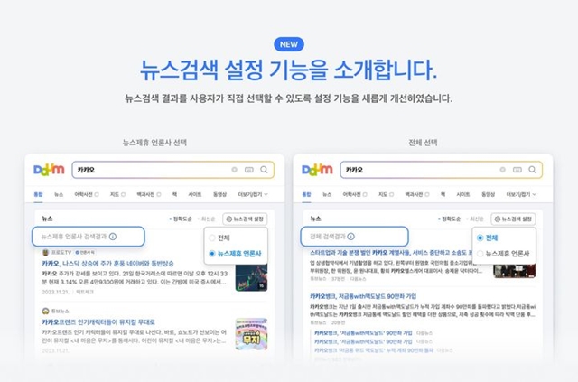 포털 다음에서 뉴스를 검색하면 먼저 제휴를 맺은 언론사 기사만 노출된다. 설정을 전체 언론사로 변경할 경우 이전처럼 모든 언론사 뉴스 검색이 가능하다. /다음
