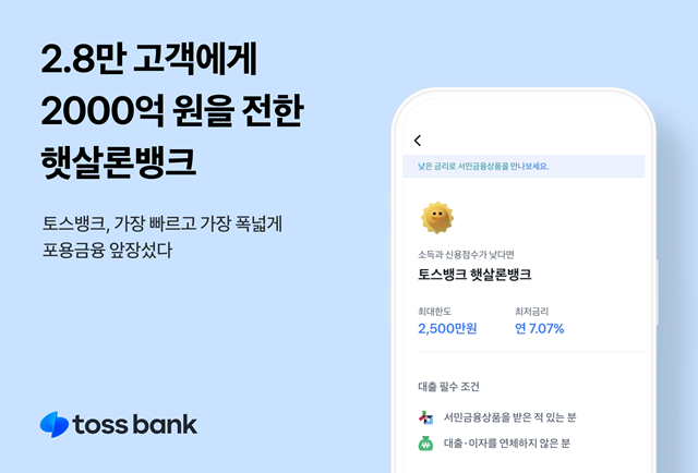 토스뱅크가 인터넷전문은행 최초로 선보인 햇살론뱅크 공급액이 2000억 원을 넘어섰다. /토스뱅크