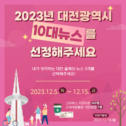 대전시가 올 한 해 선보인 다양한 공감 정책 중 시민에게 가장 사랑받은 ‘2023년 대전시정 10대 뉴스’를 선정하기 위해 오는 15일까지 온라인 투표를 진행한다.