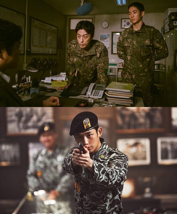 정해인(위쪽 사진의 오른쪽)은 D.P.에 이어 서울의 봄에서도 군복을 입고 활약하며 대체 불가한 존재감을 발산했다. /넷플릭스, 플러스엠엔터테인먼트