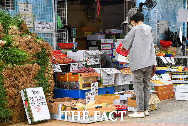 올해 소비자물가 상승률이 전년 동기 대비 3.6% 올랐다. 서울 마포구 망원시장을 찾은 시민이 채소를 구매하고 있다. /장윤석 기자