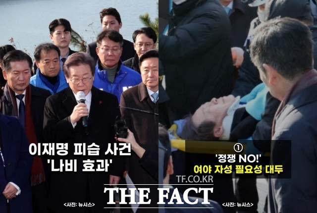 이재명 더불어민주당 대표 피습 사건은 대한민국에 만연한 극단적 정치 혐오의 현주소를 보여준다. 사진은 2일 부산 가덕도를 찾았다가 테러를 당한 이 대표의 모습. /뉴시스