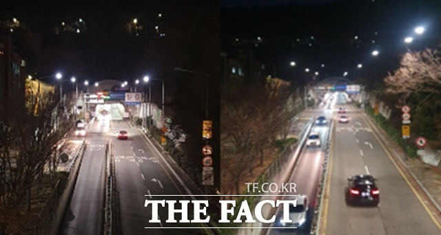 서울 시내 모든 가로등이 내년까지 LED 조명으로 전면 교체되는 등 야간 도시경관이 더 안전하고 아름답게 탈바꿈한다. 용산구 녹사평대로 개량 전후 모습. /서울시
