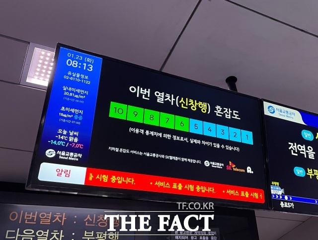 SK텔레콤의 자사 빅데이터 분석 서비스인 지오비전 퍼즐을 통해 서울 지하철 1호선에서 혼잡도 서비스가 제공되고 있다. /서다빈 인턴기자