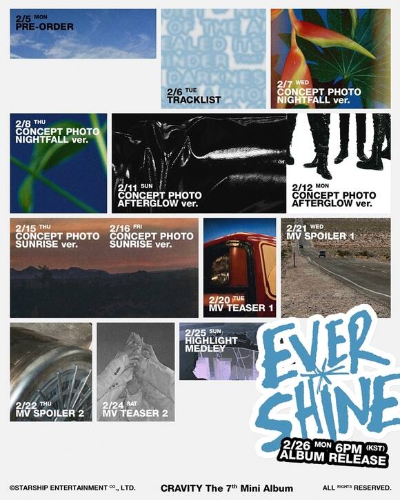 크래비티가 7번째 미니 앨범 EVERSHINE 발매 스케줄러를 공개했다. 의문의 사진들이 첨부돼 있어 궁금증을 자극한다. /스타쉽엔터