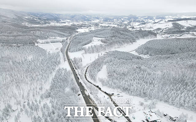 설 연휴를 앞둔 7일 오후 강원도 평창군 대관령 일대의 산에 눈이 쌓여 있다. /평창=박헌우 기자