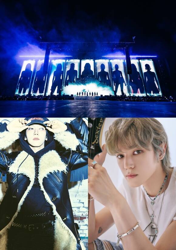 트와이스(위. 멕시코 공연 모습)는 5번째 월드투어 중에 13번째 미니 앨범을 발매하고 NCT는 텐과 태용(아래 왼쪽부터)이 연이어 솔로로 출격한다. /JYP,, SM