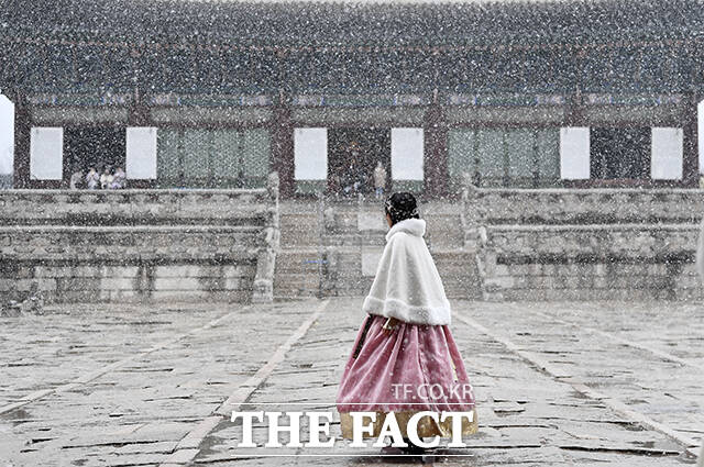 전국에 눈 또는 비가 예보된 15일 오후 서울 종로구 경복궁을 찾은 관광객들이 기념촬영을 하고 있다. /박헌우 기자