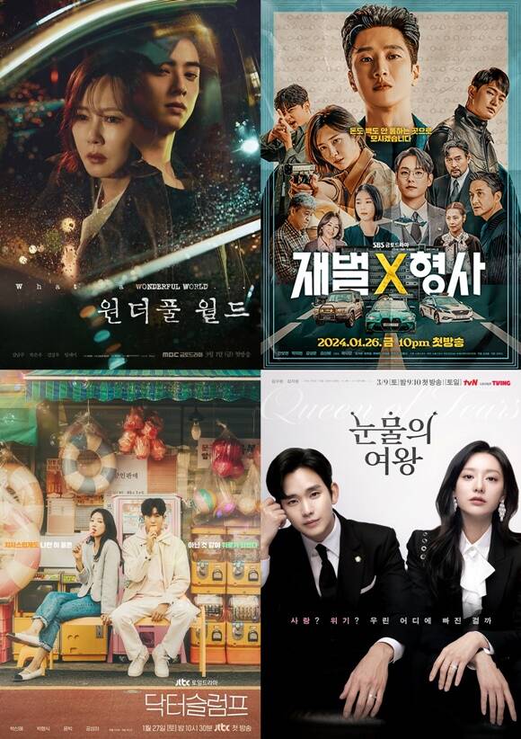 드라마 원더풀 월드 재벌X형사 눈물의 여왕 닥터슬럼프(왼쪽 위부터 시계방향)은 6~10%대 시청률을 기록하며 모두 좋은 반응을 얻고 있다. /MBC, SBS, tvN, JTBC