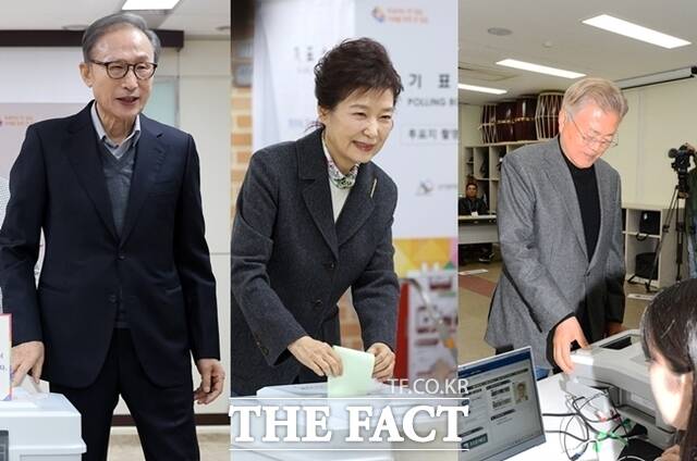 (왼쪽부터)이명박·박근혜·문재인 전직 대통령이 4월 10일 총선 본투표일을 맞이한 가운데 투표 참여를 독려했다. 투표는 오후 6시까지 전국 1만4259곳 투표소에서 실시된다. /뉴시스