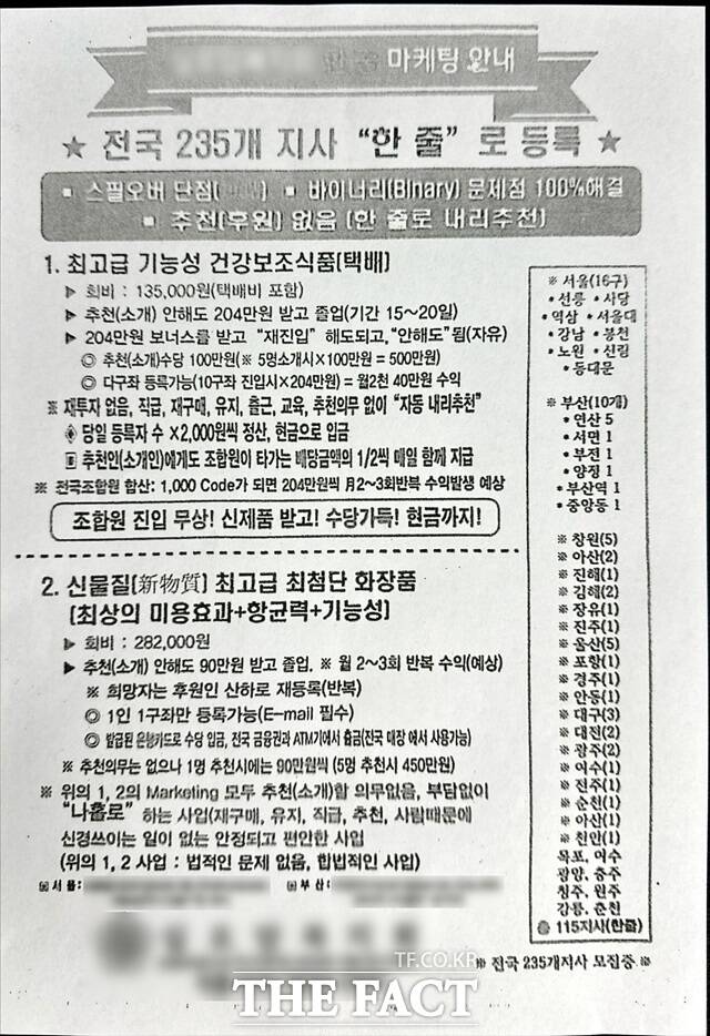 노인들을 상대로 한 유사수신 사기 일당의 건강기능식품 등 사업 설명서./부산경찰청