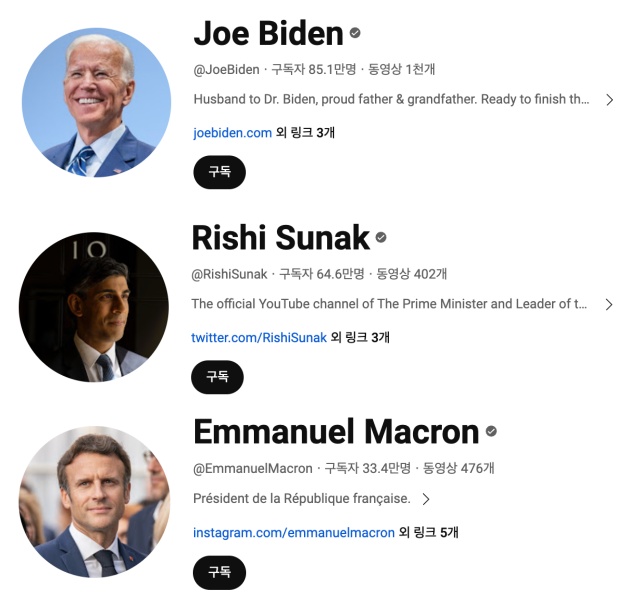조 바이든 미국 대통령의 유튜브 채널 구독자수는 85만1000명이다. 리시 수낵 영국 총리는 64만6000명, 에마뉘엘 마크롱 프랑스 대통령은 33만4000명을 기록하고 있다. /유튜브 갈무리