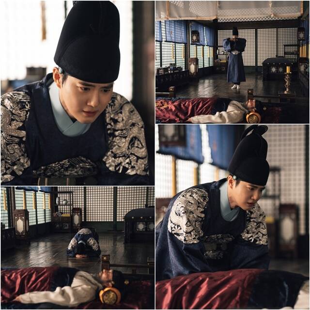 세자가 사라졌다에서 수호(맨 위 왼쪽)가 쓰러진 전진오 앞에서 눈물을 흘린다. /MBN