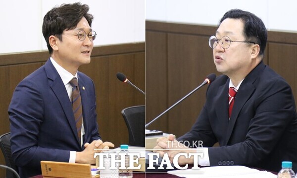 장철민 더불어민주당 대전시당위원장 직무대행(왼쪽)과 이장우 대전시장(오른쪽)이 16일 열린 대전시-국회의원 당선인 조찬 간담회에서 모두 발언을 하고 있다. / 정예준 기자