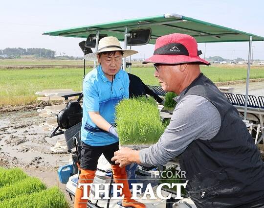 김관영 지사가 27일 김제시 봉남면 모내기 현장을 찾아 풍년농사를 기원하며 모내기를 했다./전북도