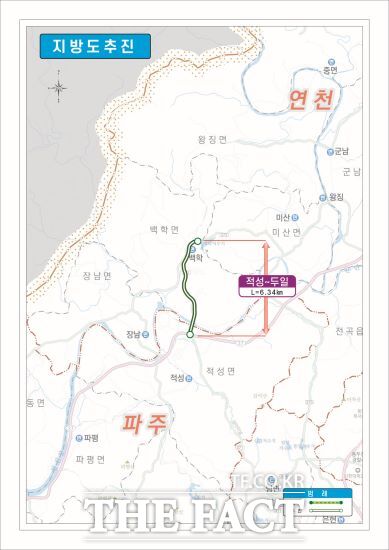 경기도는 올해 말까지 남양주 오남~수동 도로건설공사(8.13㎞), 파주 적성~연천 두일 도로확포장공사(6.34㎞, 사진), 양주 가납~상수 도로건설공사(5.7㎞) 등 7개 노선을 준공할 예정이다. /경기도