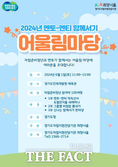 경기도는 다음 달 1일 경기도인재개발원 체육관에서 ‘2024년 자립준비청년 멘토-멘티 함께서기 어울림마당’ 행사를 개최한다고 밝혔다./경기도