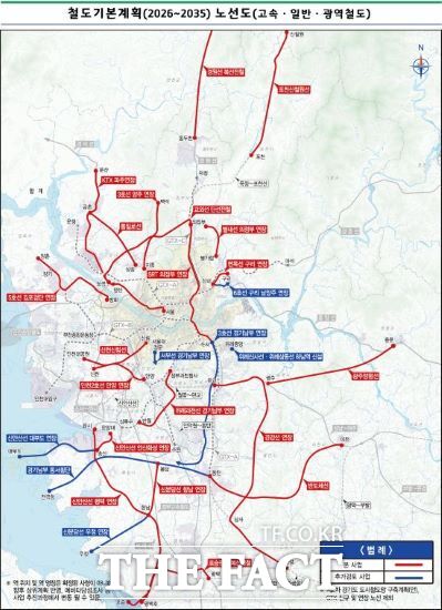 경기도 철도기본계획(’26~’35) 노선도(고속，일반，광역철도)./경기