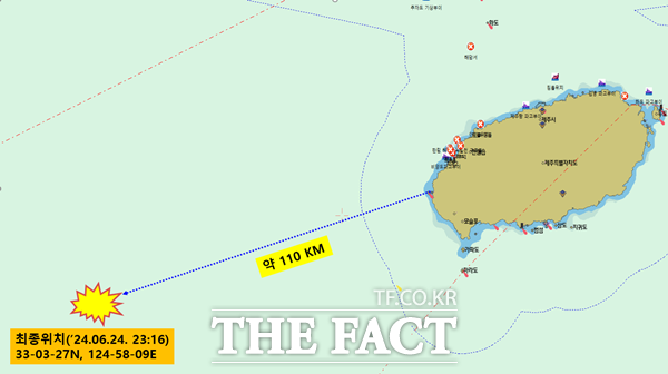 제주 인근 해상에서 위치발신신호가 끊기며 침몰된 것으로 추정됐던 A호가 정상항해중인 것으로 확인됐다. 사진은 A호의 위치신호가 끊긴 지점이다./제주해양경찰서