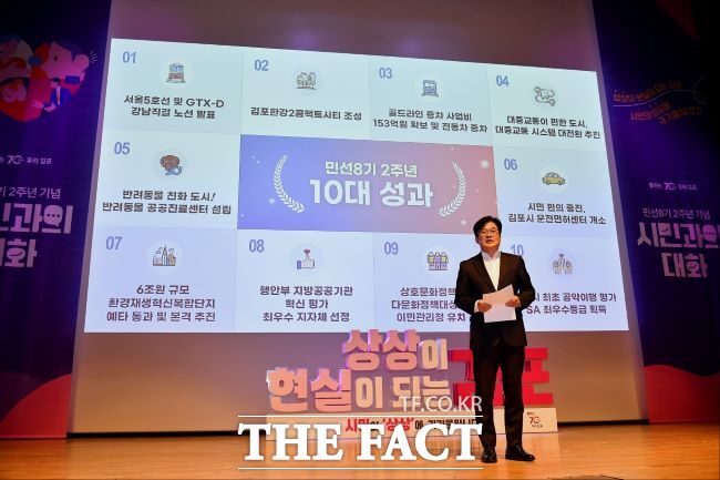 1일 열린 ‘민선8기 2주년 기념 시민과의 대화’에서 지난 2년 간 시정 활동에 대해 설명하는 김병수 김포시장/김포시