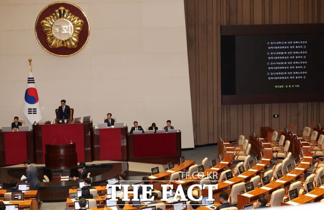 우원식 국회의장이 2일 오후 서울 여의도 국회에서 열린 제415회 국회(임시회) 제4차 본회의에서 강백신 검사 등 4명에 대한 탄핵소추안의 법제사법위원회로의 회부 동의의 건을 상정하고 있다. /뉴시스