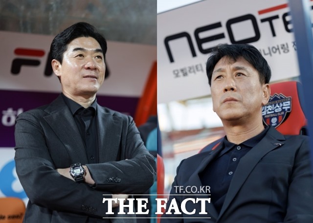 올 시즌 K리그1 그라운드에 돌풍을 일으키고 있는 강원FC의 윤정환 감독(왼쪽)과 포항 스틸러스의 박태하 감독./K리그