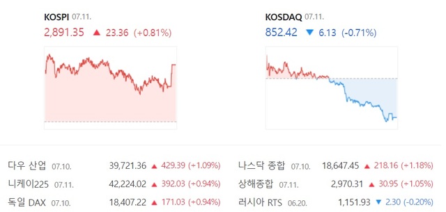 11일 코스닥은 전 거래일 대비 0.71% 내린 852.42에 거래를 마치면서 2거래일 연속 하락 마감했다. /네이버 증권 캡처