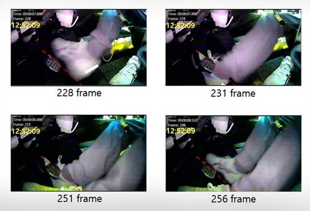 한국교통안전공단이 지난 2월 유엔유럽경제위원회(UNECE) 주관 기술 분과회의에서 운전자가 급발진을 주장했던 사고의 페달 블랙박스 영상을 공개했다. 영상에서는 주장과 달리 운전자가 충돌 직전까지 가속페달을 수차례 밟는 모습이 포착됐다. /한국교통안전공단
