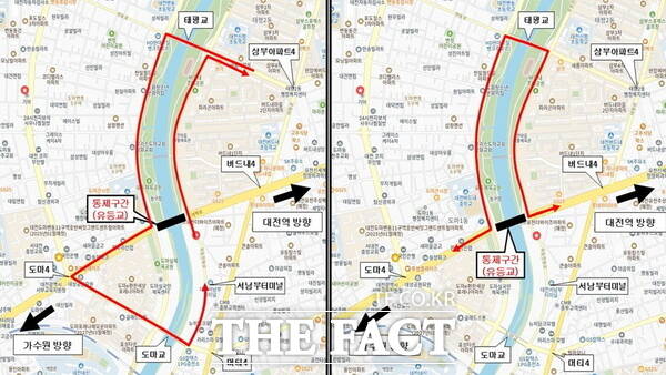 유등교 통과 대전시내버스 노선 우회도. 왼쪽은 608번, 오른쪽은 608번을 제외한 19개 노선의 우회도. / 대전시