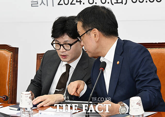 대화하는 한동훈 대표(왼쪽)와 최상목 경제부총리.