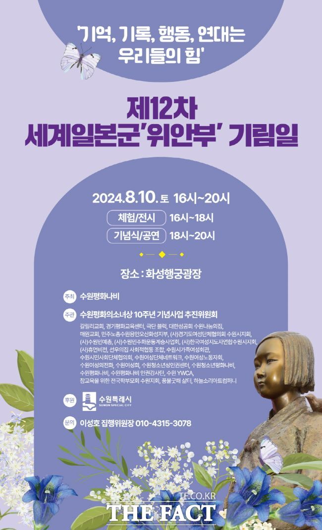 8월10일 수원 화성행궁광장에서 제12차 세계 일본군 ‘위안부’ 기림일 행사(8월14일) 열린다.