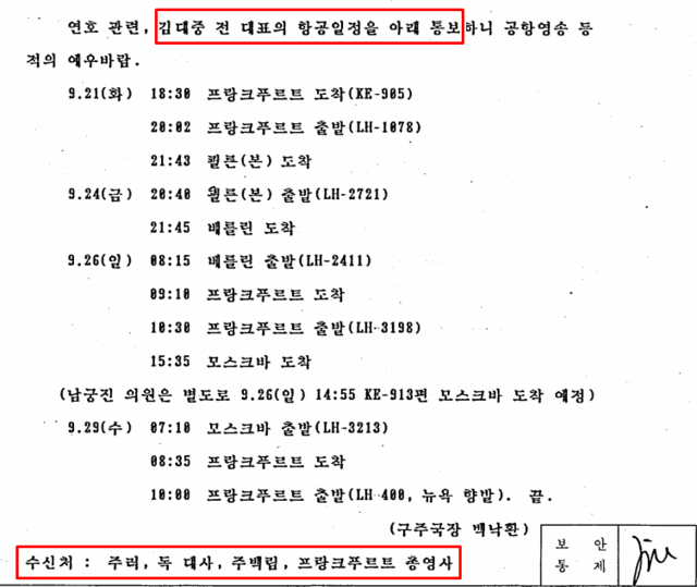 김영삼 정부는 외교부와 행정조정실을 동원해 김대중의 해외 순방 일정을 파악하려 했지만 실패했다. 그러다 돌연 김대중의 항공 편명을 확보해 관련 재외공관에 배포했다. /외교부 제공