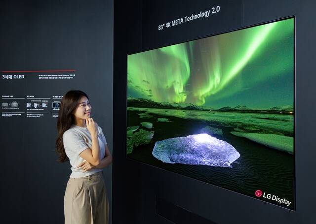 LG디스플레이 모델이 83인치 초대형 OLED TV 패널을 관람하고 있다. /LG디스플레이