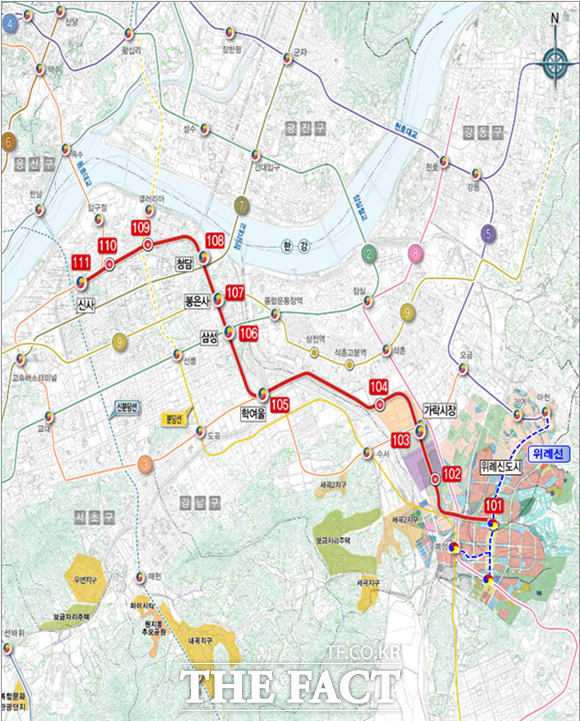 서울시가 위례신사선 도시철도 건설사업비를 증액하고 공사기간은 연장해 사업을 재추진한다. 위례신사선 노선도. /서울시