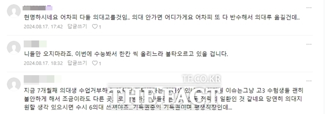 2025학년도 대학수학능력시험 원서 접수를 앞두고 현직 의대 교수와 의료현장을 떠난 전공의 등이 의대 진학을 꿈꾸는 수험생들에게 의대에 오지 말 것을 권유하고 있다. 수험생 커뮤니티에는 여전히 의대에 진학하겠다는 댓글이 달리고 있다. /커뮤니티 캡처