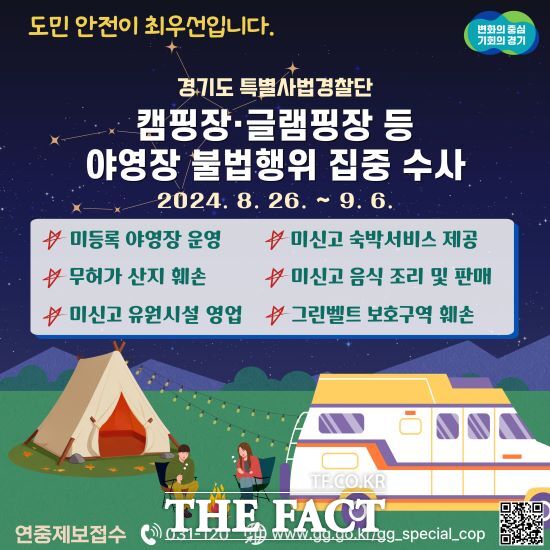 경기도 특별사법경찰단은 오는 26일부터 다음달 6일까지 야영장 불법행위를 집중 수사한다고 밝혔다./경기도