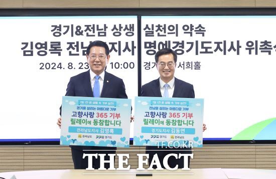 김동연 경기도지사와 김영록 전남도지사가 23일 경기도청에서 고향사랑 365 기부행렬에 동참했다./경기도