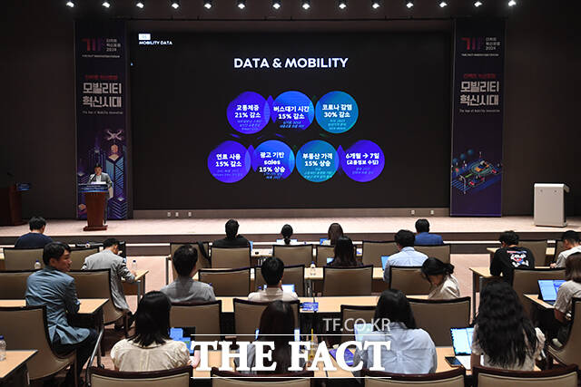 박서하 티맵모빌리티 부사장 26일 오후 서울 영등포구 여의도 한국거래소(KRX) 컨퍼런스홀에서 열린 <더팩트> 혁신포럼 모빌리티 혁신 시대에 참석해 참석해 DATA & 미래 모빌리티라는 주제로 특별강연하고 있다. /장윤석 기자