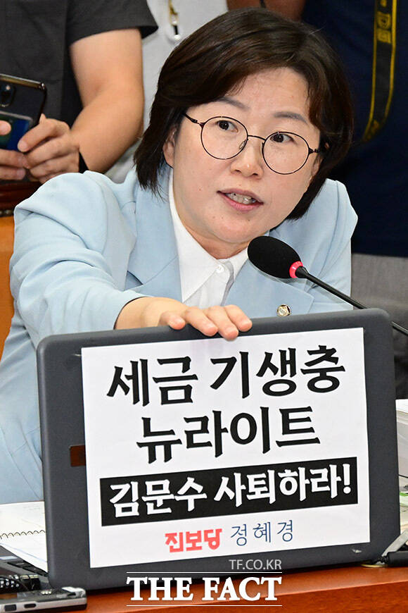 정혜경 진보당 의원이 세금 기생출 뉴라이트, 김문수 사퇴하라!라고 적은 비판문을 내건 채 발언하고 있다.