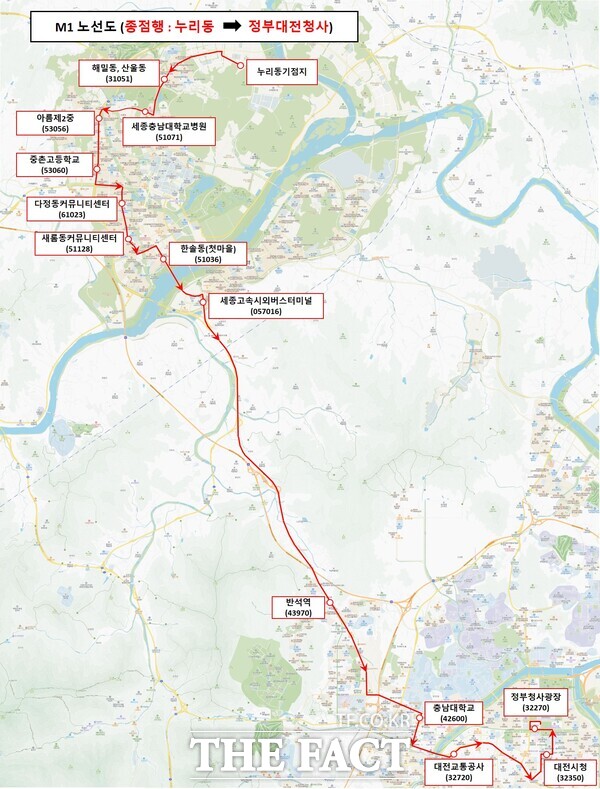 대전-세종 광역급행버스 M1 노선도. / 대전시