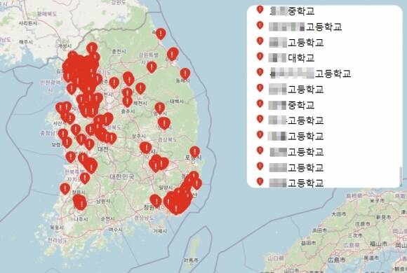 SNS에서 딥페이크 성범죄 피해자가 있는 것으로 추정되는 학교들을 지도 위에 표시한 딥페이크 피해학교 지도의 모습./딥페이크 피해학교 지도 홈페이지 캡쳐