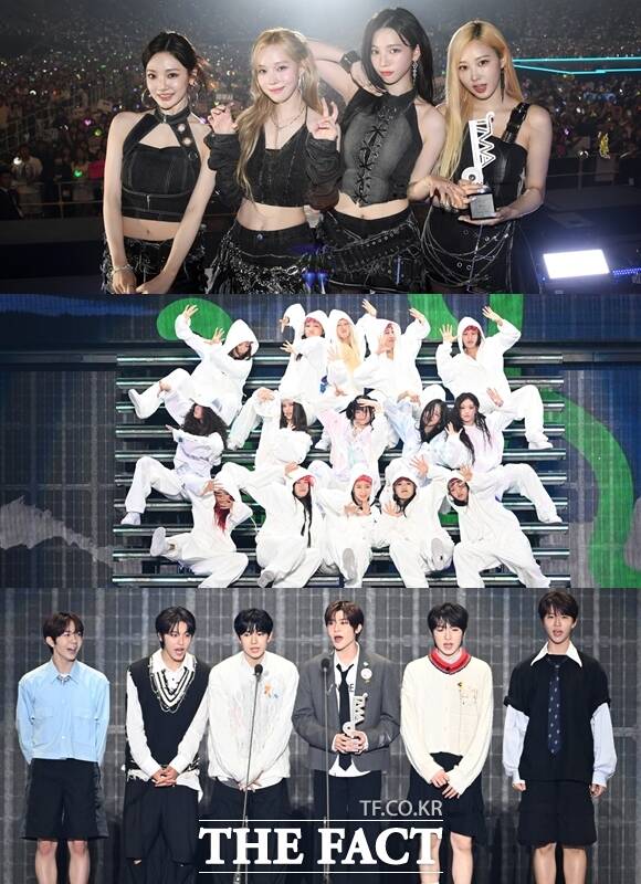 에스파(위쪽)는 2024 더팩트 뮤직 어워즈 대상을 받았고 뉴진스(가운데)는 4관왕으로 글로벌 신드롬을 입증했다. /교세라 돔 오사카=이새롬·남윤호·박헌우 기자