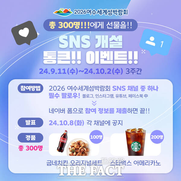 (재)2026여수세계섬박람회는 공식 SNS채널을 개설하고 총 300만 원 상당의 경품을 제공하는 오픈 이벤트를 진행 중이다./여수시