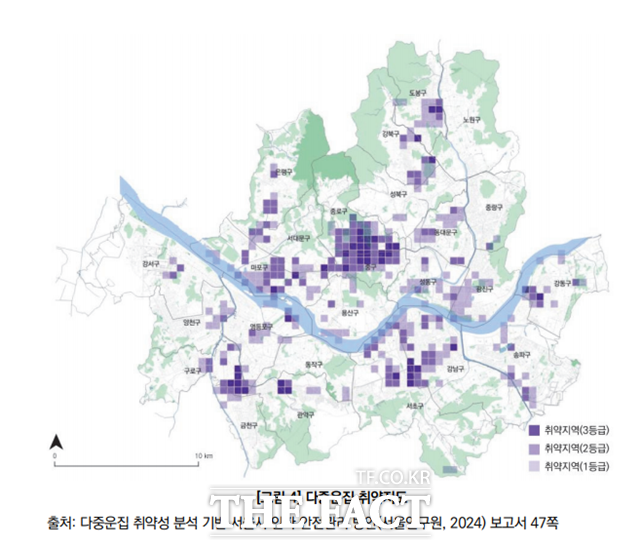 서울연구원이 공간분석, 현장조사, 시민 인식조사 등을 거쳐 도출한 다중운집 취약지역은 서울 전체 면적의 13.6%를 차지했다. /서울연구원