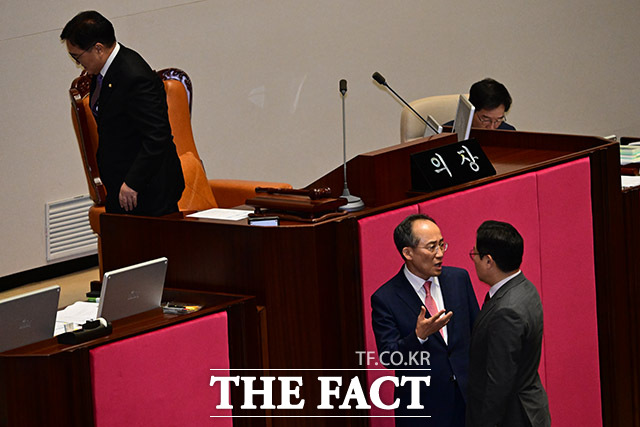 여야 의사일정을 합의한 상태에서 한석훈 위원의 부결이 결정되자 여당 의원들이 강하게 반발해 본회의가 15분동안 정회되고 있다.