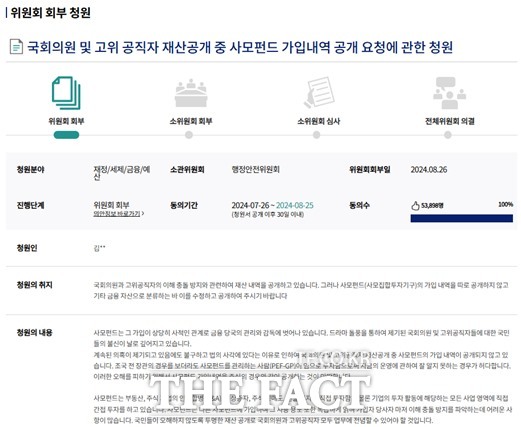 지난 8월 5만 3898명의 국민 동의를 얻어 행정안전위원회에 회부되의 처리를 기다리고 있는 고위 공직자 사모펀드 가입내역 공개 요청 국회 청원.